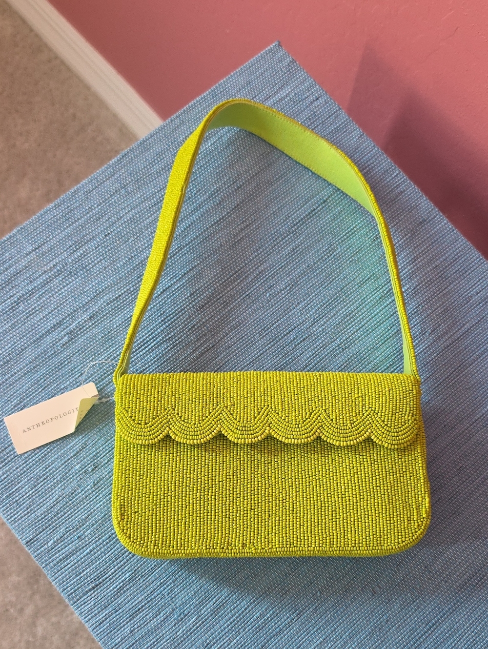 Anthropologie Neon Lime Beaded Scallop-Edge Shoulder Bag